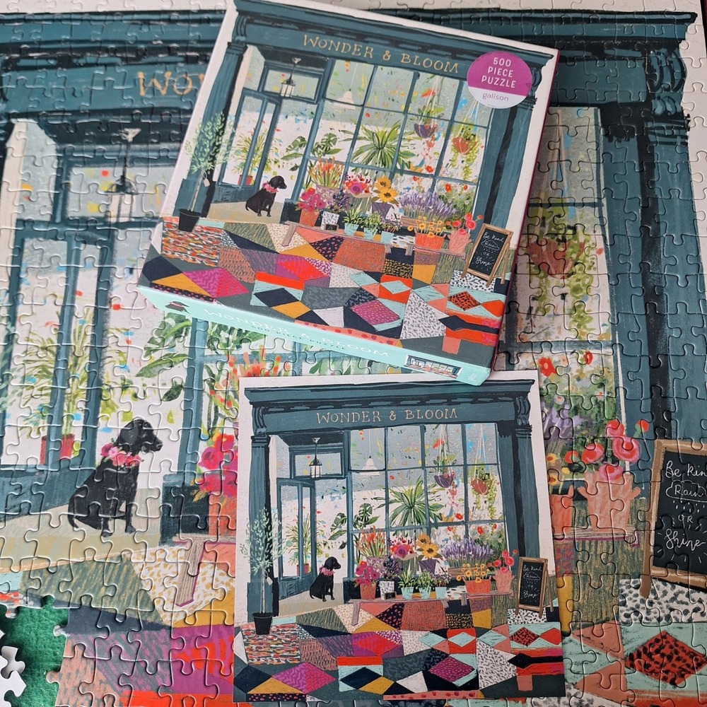 Galison Wonder Bloom 500‎ Piece Jigsaw Puzzle 20x20 Floral Shop Dog Artwork